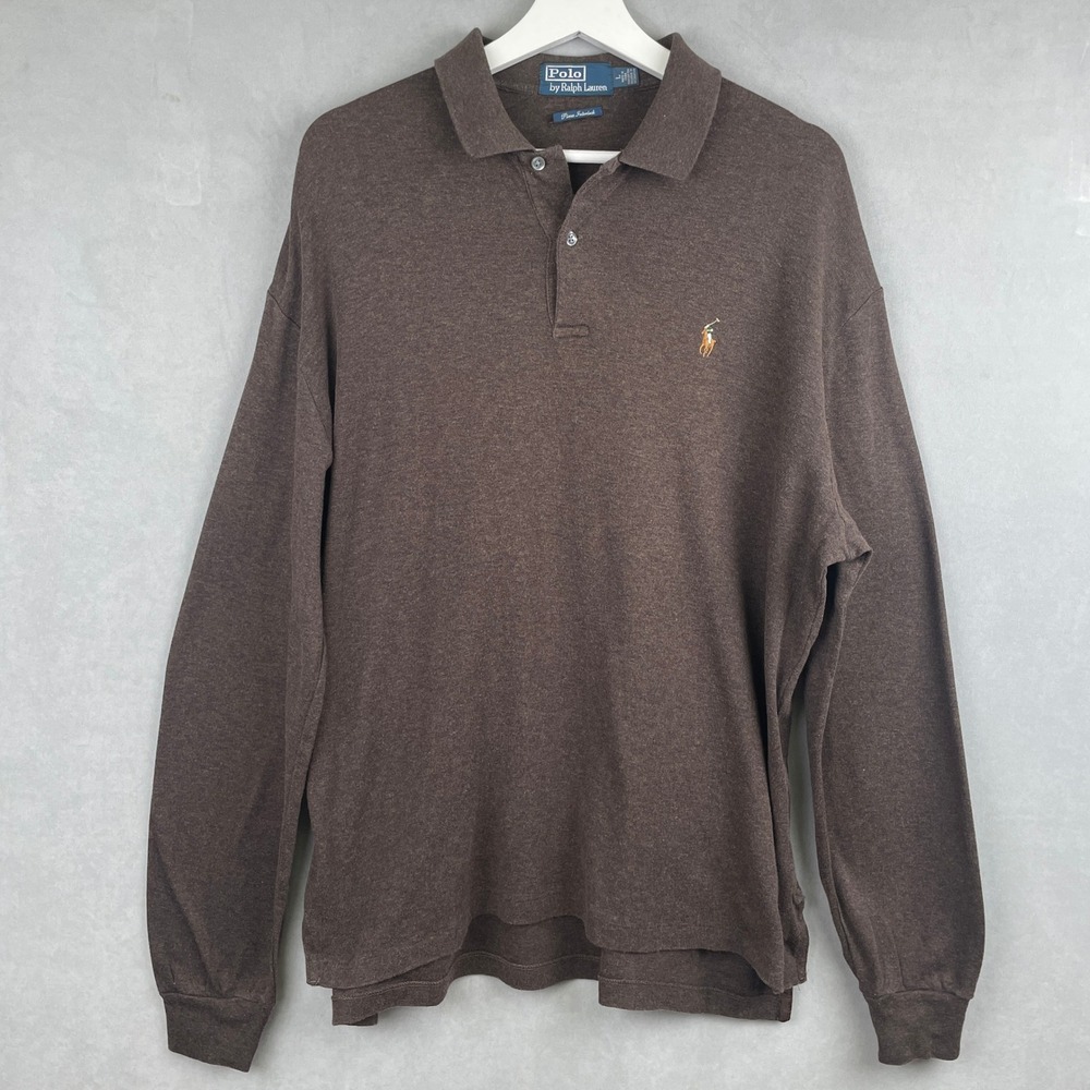 VTG Polo Ralph Lauren L Brown Pima Interlock Long Sleeve Polo‎ Shirt Logo Earthy